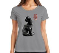 Japonés Gato Negro Kanji Caligrafía Señoras Camiseta, gris, XXL