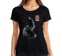 Japonés Gato Negro Kanji Caligrafía Señoras Camiseta, Negro , S
