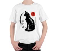 Japonés Gato Negro Sumi-e Arte Zen Niños Camiseta, Blanco, 152