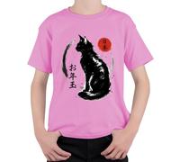 Japonés Gato Negro Sumi-e Arte Zen Niños Camiseta, Rosa., 152