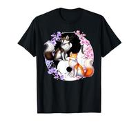 Japonés Kitsune Sakura Cherry Blossom Flores Ying Yang Fox Camiseta