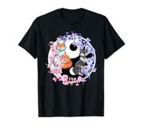 Japonés Kitsune Sakura Cherry Blossom Flores Ying Yang Fox Camiseta