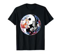 Japonés Kitsune Sakura Cherry Blossom Flores Ying Yang Fox Camiseta