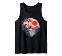 Japonés Sakura Árbol Pagoda Atardecer Vintage Paisaje Camiseta sin Mangas