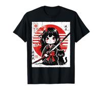 Japonés Samurai Girl Black Cat Kawaii Anime Mujeres Niñas Niños Camiseta