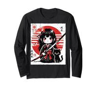 Japonés Samurai Girl Black Cat Kawaii Anime Mujeres Niñas Niños Manga Larga