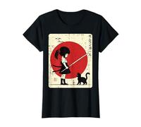 Japonés Samurai Girl Black Cat Kawaii Anime Niñas Niños Mujeres Camiseta