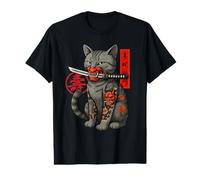 Japonés Samurai Ninja Cat Kawaii Tatuaje Gráfico Camiseta gráfica económica