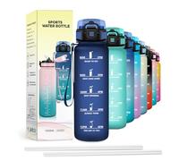 JAPORIA Botella Agua 1L, A Prueba de Fugas, Cantimploracon Marcador de Tiempo, con Pajita, Reutilizable, para Oficina, Senderismo, Bicicleta