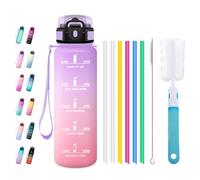 JAPORIA Botella Agua 1L, Cantimplora Reutilizable con Pajita, Botellas con Marca de Tiempo, para Gimnasio, Oficina, Escuela, Sport, Bicicleta