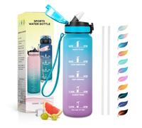 JAPORIA Botella Agua Gimnasio 1L, con Marcador de Tiempo, Cantimplora con Pajita, a Prueba de Fugas, Botella para Bebidas Carbonatadas, Oficina, Senderismo, Yoga, Camping