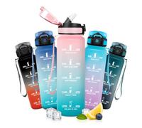 JAPORIA Botella de Agua 1L, Botella Agua con Marcador de Tiempo, Cantimplora con Pajita, sin BPA, Reutilizable, Cantimplora para Oficina, Deporte, Senderismo, Camping