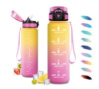 JAPORIA Cantimplora 1L, Botella con Pajita, Botella Agua con Marcador de Tiempo, a Prueba de Fugas, Reutilizable, Cantimplora para Gimnasio, Deporte, Senderismo