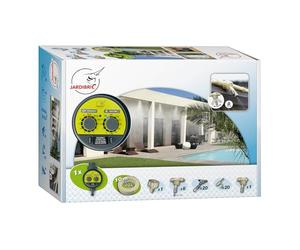 Jardibric - Kit Completo de Nebulización Fija BRU071 con Temporizador, 10m de Manguera, 6 Conexiones, Boquillas Antigoteo a 2 Bares, 20 Pinzas y 20 Abrazaderas - Ideal para los Días Calurosos.
