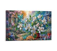 Jardín de cuentos de hadas 1 Pieza Flores de primavera Village Path Mariposas Arte En Lienzo Pintura De Lienzo Para Dormitorio Fácil De Limpiar Removible Listo Para Colgar 12x18inch(30x45cm)