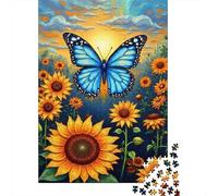 Jardín Mariposa Atardecer 1000 Piezas Cartón Reciclado Arte Mariposa Azul Girasol Rompecabezas Familiar para Adultos Fácil De Agarrar Regalo para Familia Finition Cuidada 38x26cm/1000pcs