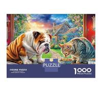 Jardín para Gatos y Perros Puzzle 1000 Piezas Bulldog y Gato Cartón Premium para Parejas Regalo Navidad para Entretenimiento Oferta 52x38cm/1000pcs