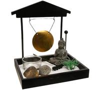 Well Home - Jardín Zen Estilo japonés Decorativo Incluye Figura, Piedras, portas Velas, Gong, rastrillo y Arena, en Color Negro, 16,5 x 15 x 12 cms.