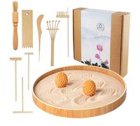 Jardín Zen japonés para Escritorio, Kit de Terapia de Bandeja de Arena Dorhui para meditación, Bandeja Redonda Grande de bambú de 12 Pulgadas, 7 Piezas de Mini rastrillo de jardín Zen, esferas de