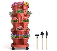 Jardinera apilable de 5 niveles con ruedas extraíbles y herramientas de jardín, jardineras de torre de plantación de jardín, macetas de jardinería, jardinera de jardín vertical(Rojo)