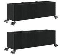 Jardinera con Ruedas 2 uds Ratán Sintético Negro 107x32x38 cm Macetero | Estructura acero resistente, ruedas bles 360°, forro no tejido incluido, uso interior o exterior