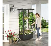 Jardinera elevada con enrejado y techo colgante, jardinera metálica independiente con ruedas, jardinera elevada móvil para interior y exterior, ideal para enredaderas, plantas trepadoras y flores