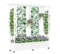 Jardinera elevada con enrejado y techo colgante, jardinera metálica resistente a la intemperie con 4 ruedas y 2 enrejados laterales para plantas trepadoras, mampara divisoria móvil para exteriores.