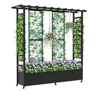 Jardinera elevada con enrejado y techo colgante, jardinera metálica resistente a la intemperie con 4 ruedas y 2 enrejados laterales para plantas trepadoras, mampara divisoria móvil para exteriores.