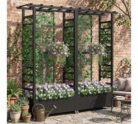 Jardinera elevada con enrejado y techo colgante, jardinera metálica resistente a la intemperie con 4 ruedas y 2 enrejados laterales para plantas trepadoras, mampara divisoria móvil para exteriores.
