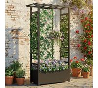 Jardinera elevada con enrejado y techo colgante, jardinera metálica resistente a la intemperie con 4 ruedas y 2 enrejados laterales para plantas trepadoras, mampara divisoria móvil para exteriores.