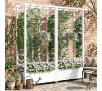 Jardinera elevada con enrejado y techo colgante, jardinera metálica resistente a la intemperie con 4 ruedas y 2 enrejados laterales para plantas trepadoras, mampara divisoria móvil para exteriores.