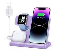 JARGOU Cargador Inalambrico 3 en 1 para iPhone/Apple Watch/AirPods, Estación de Carga Apple para iPhone 15 14 13 12 11 Pro Max/XR/8, Wireless Charger per iWatch 9/Ultra 2/SE/8/7/6/5/4/AirPods(Púrpura)