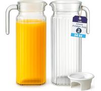 Jarra Cristal Nevera 1L de Vidrio con Tapa (Pack de 2) - Jarra Transparente con Diseño Acanalado y Asa para Estante del Frigorífico y Uso Diario con Boquilla con Ventilación