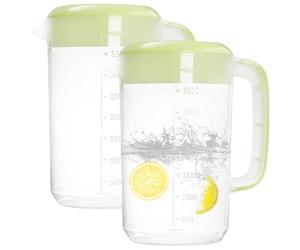 Jarra de 1 galón con tapa, 2 jarras de plástico con tapa, de colador, asas y medidas, jarra de agua transparente para limonada, té helado, cerveza fría, verde claro