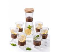 Jarra de Agua Con Juego De Vidrio 7 Piezas - Decantador de Vidrio acanalado 1,1L Con Tapa De Bambú y 6 Vasos Beber 250 ml - BAVARY - Detalles De Madera De Acacia Para Agua, Jugo, Té Helado y Refresco