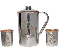 Jarra de agua de acero inoxidable y cobre puro con 2 vasos a juego para beneficios de salud Ayurveda (57.48 onzas líquidas) (patrón floral)