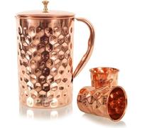 Jarra de agua de cobre, 1,6 litros, con 2 vasos, acabado martillado de diamante