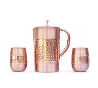 Jarra de agua de cobre puro con 2 vasos de cobre (patrón martillado y liso) para beneficios de salud Ayurveda (con barril de vidrio)