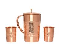 Jarra de agua de cobre puro con 2 vasos de cobre (patrón martillado y liso) para beneficios de salud Ayurveda (con vidrio recto)