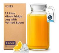 Jarra de agua de vidrio para nevera de 1,7 L con tapa (paquete de 1) - Jarra de agua transparente con diseño acanalado y asa para estante de refrigerador y uso diario con boquilla ventilada - Jarra de