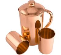 Jarra de cobre 100% puro de 1500 ml con 2 vasos | Jarra de agua potable con vasos | Juego de jarra de cobre con tapa y tazas | Botella de agua con asa | Beneficios para la salud ayurveda