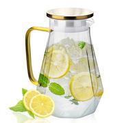 Jarra de cristal de 2 litros con asa y tapa de acero inoxidable dorada, jarra de cristal para agua, zumo, leche, café, té, lavavajillas