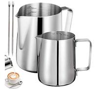 Jarra de Leche Acero Inoxidable,Tianher 350ml+600ml Jarra Leche Cafetera Barista Taza de Espumador con Marca de Medición y 2 Lápiz Artístico para de Café de Mano y Latte Art Capuchino (plateado)