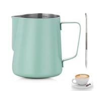 Jarra de Leche Acero Inoxidable,Tianher Jarra Leche Cafetera Barista Taza de Espumador con Marca de Medición y Lápiz Artístico para de Café de Mano y Latte Art Capuchino 350ml (verde)