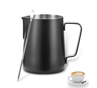 Jarra de Leche Acero Inoxidable,Tianher Jarra Leche Cafetera Barista Taza de Espumador con Marca de Medición y Lápiz Artístico para de Café de Mano y Latte Art Capuchino (plateado) (Negro)