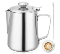 Jarra de leche con tapa, 350 ml, acero inoxidable, espumador de leche, jarra de leche, café, jarra de crema con aguja, jarra de espuma de leche para leche, té, café, capuchino (1P)
