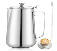 Jarra de leche de 600 ml, jarra de leche de acero inoxidable con tapa, jarra de espuma de leche con escala de medición y bolígrafo de arte latte, crema de café, espumador de leche, jarra para