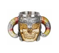 Jarra de Resina con Calavera y Cuernos, Color Plata, Estilo Vikingo, con Interior de Acero Inoxidable