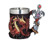 Jarra Decorativa con Dragón Rojo, Resina y Acero Inoxidable, 15 cm, Diseño Medieval Fantástico
