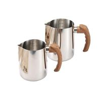 Jarra for espumar leche con escala precisa, mango de madera, boquilla sin goteo, taza de café Latte de acero inoxidable(600ML,Steel)